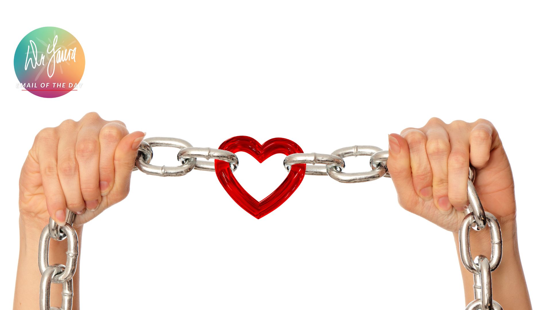 A pair of hands tugs at a chain with a heart as the middle link