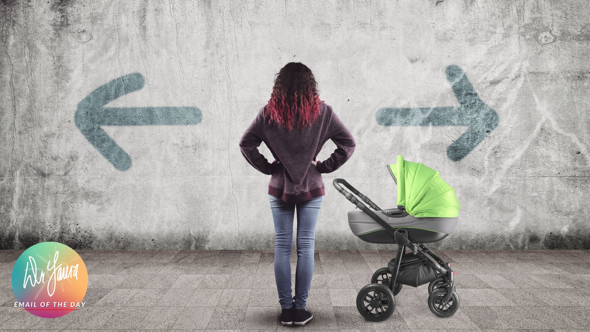 Woman wearing red sweater faces a wall with two arrows in opposite directions as she stands next to a baby stroller