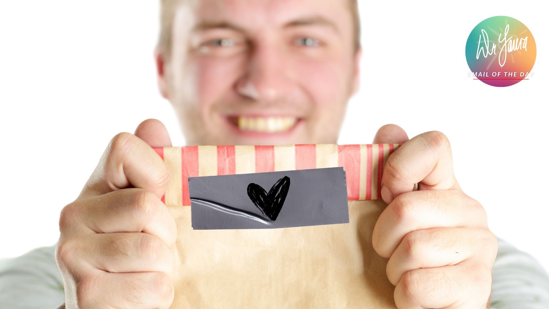 Smiling man holds up bag with grey duct tape sealing it