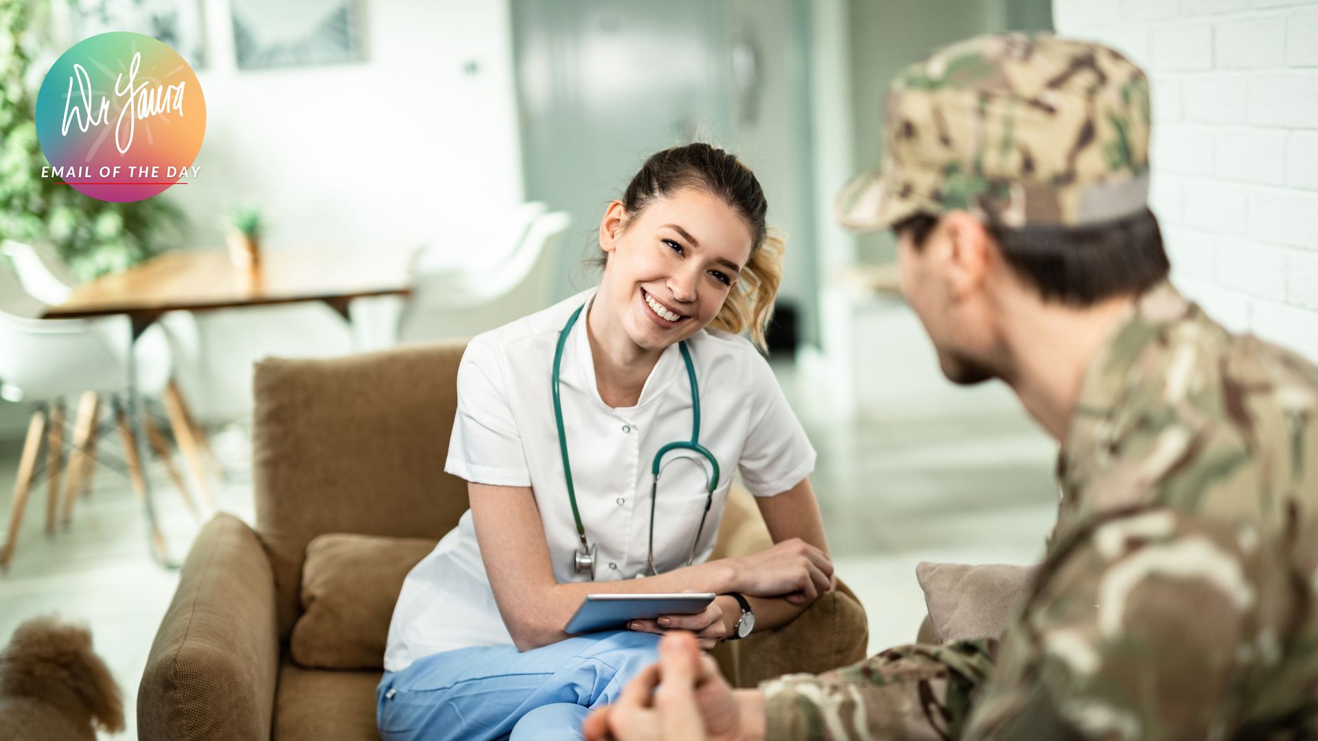 Female nurse smiles and sits on armchair while looking at man in uniform