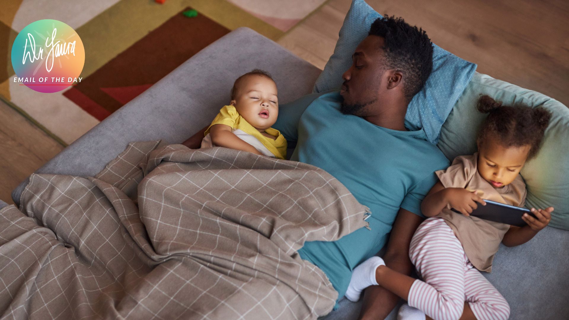 Man sleeps in bed while holding onto sleeping baby and young female toddler sleeps next to him