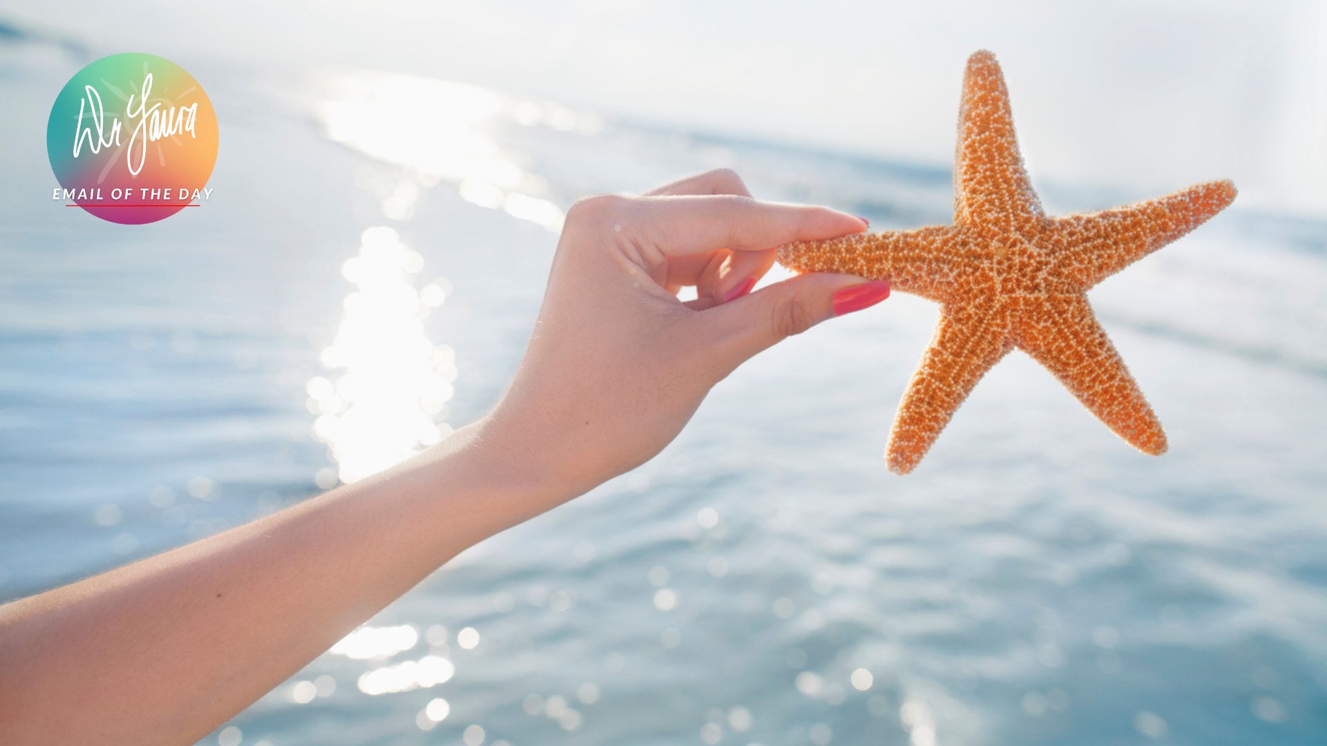 Hand holds up orange starfish against a background of ocean water