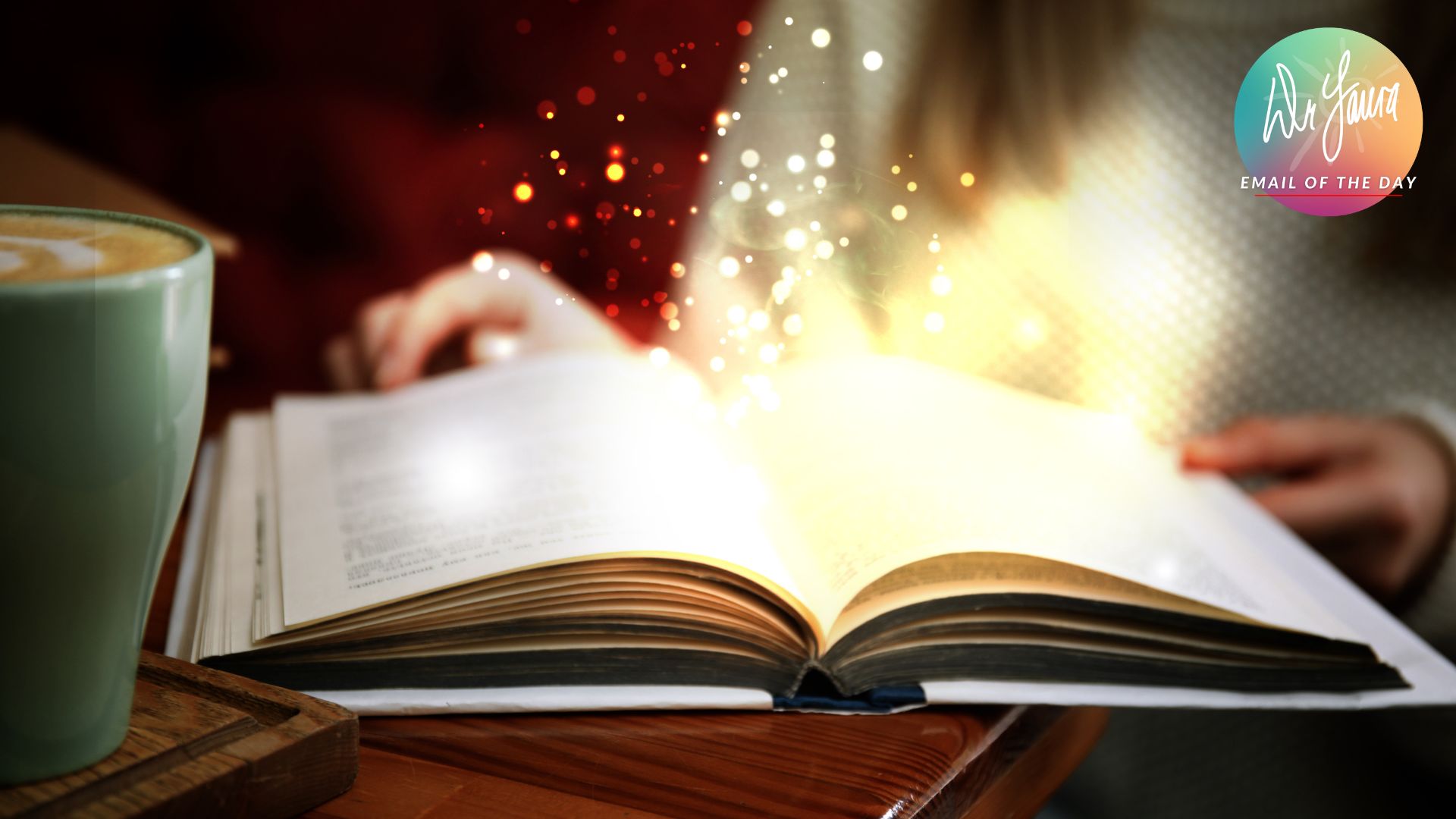 Open book releases sparkle and light while woman reads it