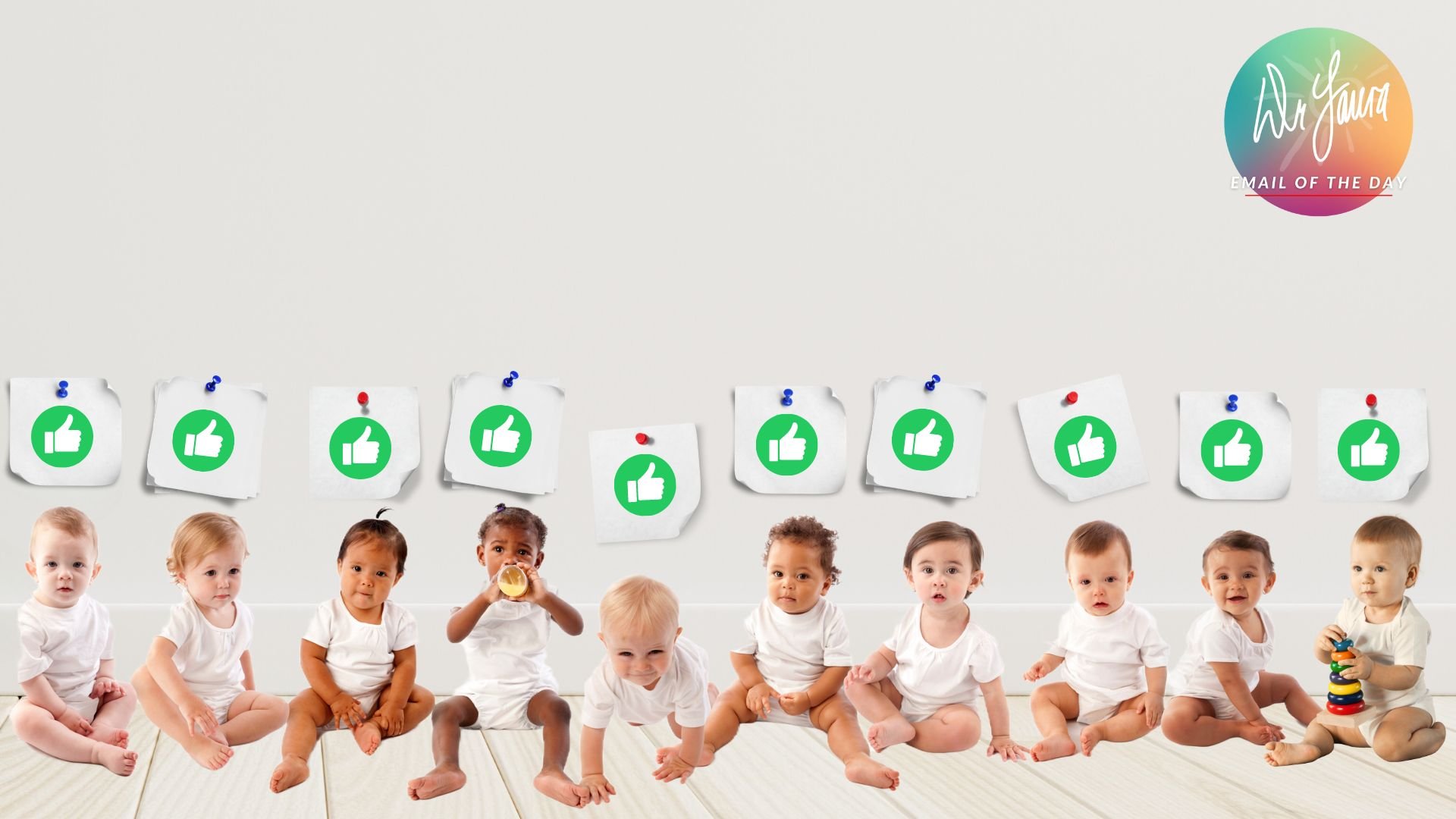 A line of sitting babies have thumbs up signs above their heads