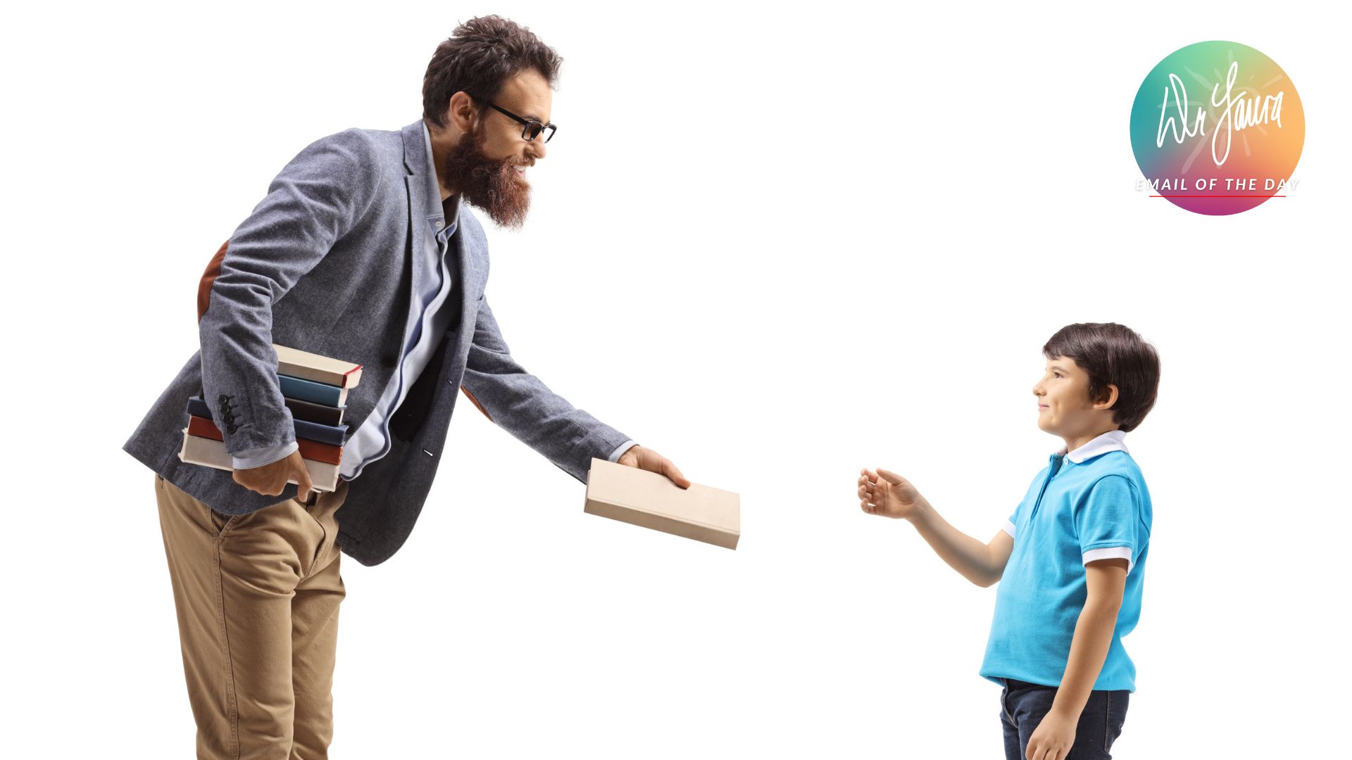 Man leans down to hand book to boy who lifts arm to accept it
