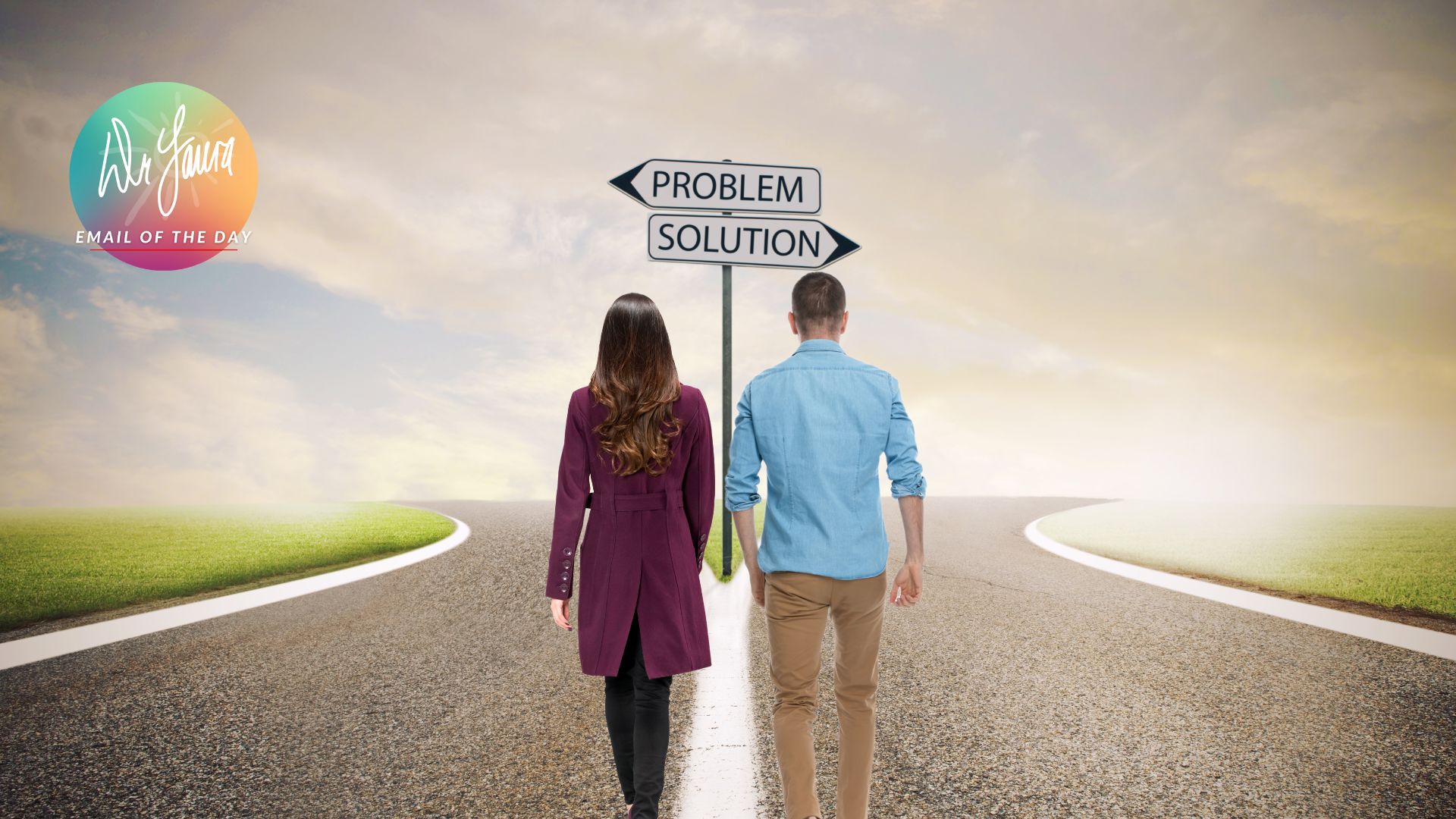 Man and woman walk on a road with two signs ahead of them with the words "Problem" and "Solution"
